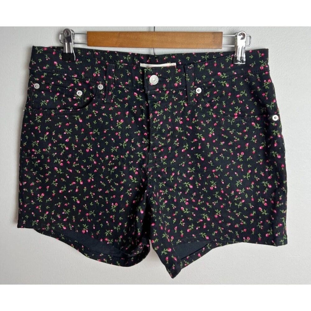 Levi's Mid Length Floral Denim Shorts Size 30 Black Pink Rose Cotton Women’s
